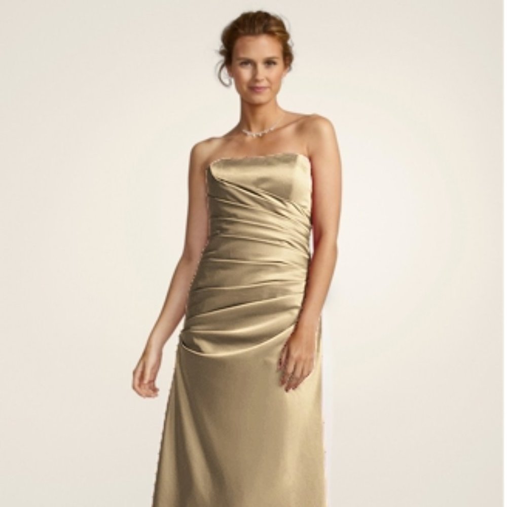 Gold Strapless Ruched Satin Ball Gown